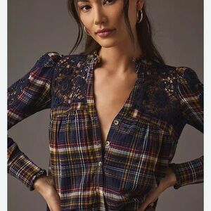 Anthropologie Pilcro lace trimmed plaid blouse size XL